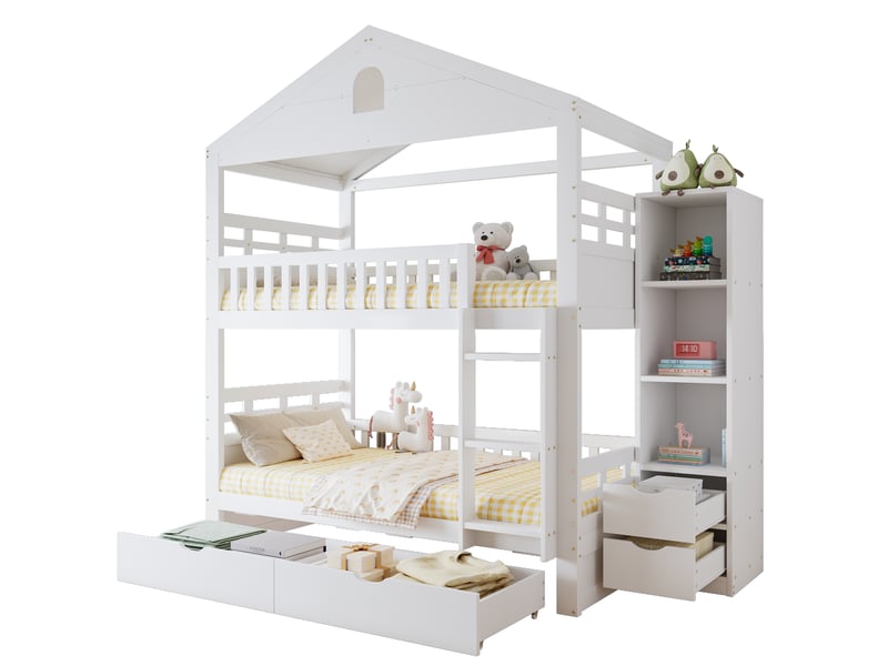  Lit superposé enfant blanc en forme de maison, 2 couchages 90 x 200 cm, 2 tiroirs et rangement latéral  - Conforama A
