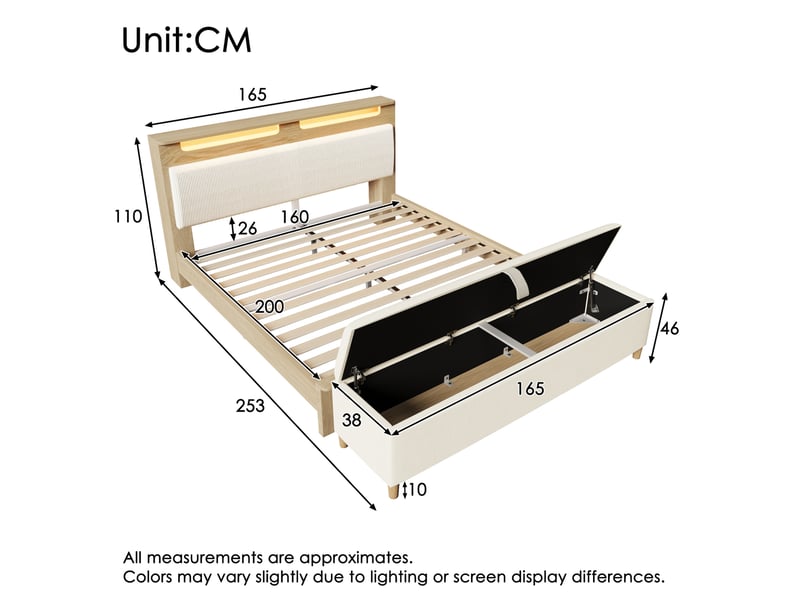  Lit double 160 × 200 cm avec rangement, led, banc de lit et matelas inclus, beige et chêne clair  - Conforama E