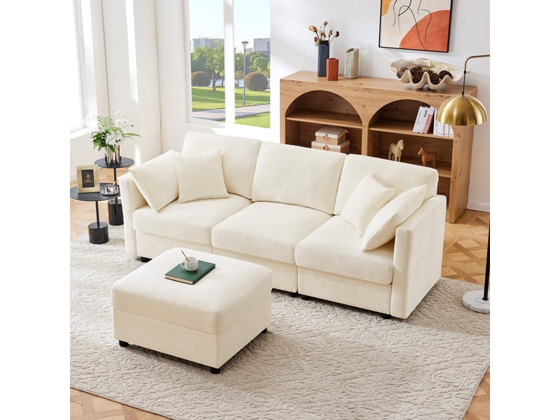 Canapé d'angle en chenille beige convertible 3 à 4 places 218 x 156,5 cm avec pouf mobile - Conforama E