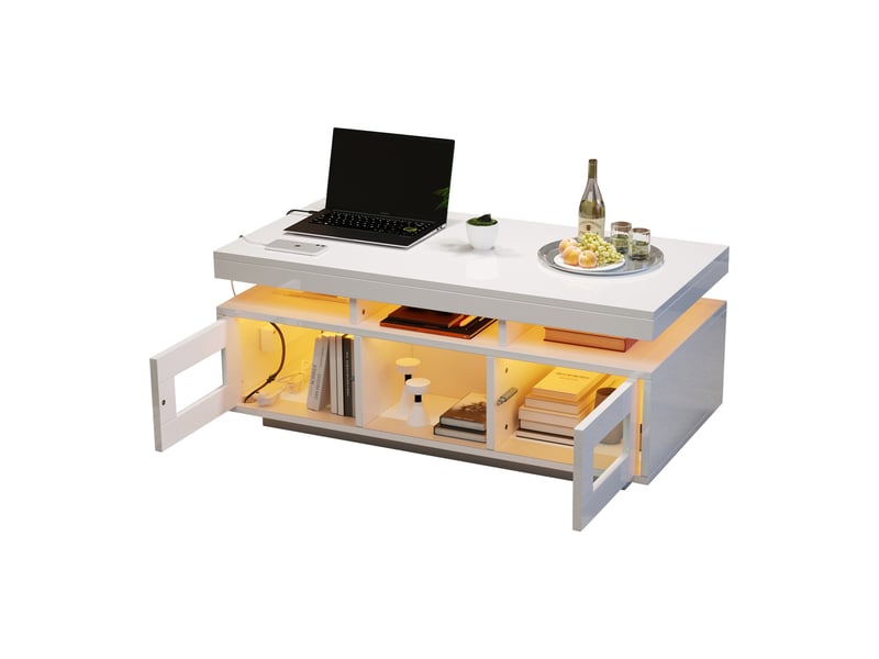  Table basse blanche brillante 100x50x43 cm avec led rgb et prise usb  - Conforama W