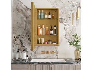 Armoire miroir rectangulaire dorée avec étagères réglables, rangement mural ou encastrable pour salle de bain