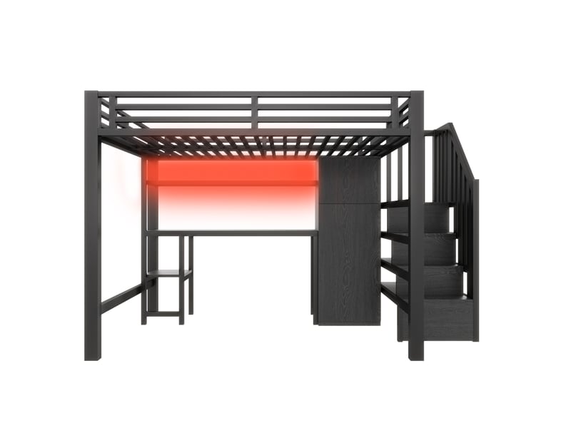 Lit mezzanine 140x200 cm noir, avec bureau, rangements, penderie, led, escalier de rangement, structure métal, sommier inclus, sans matelas - Conforama D