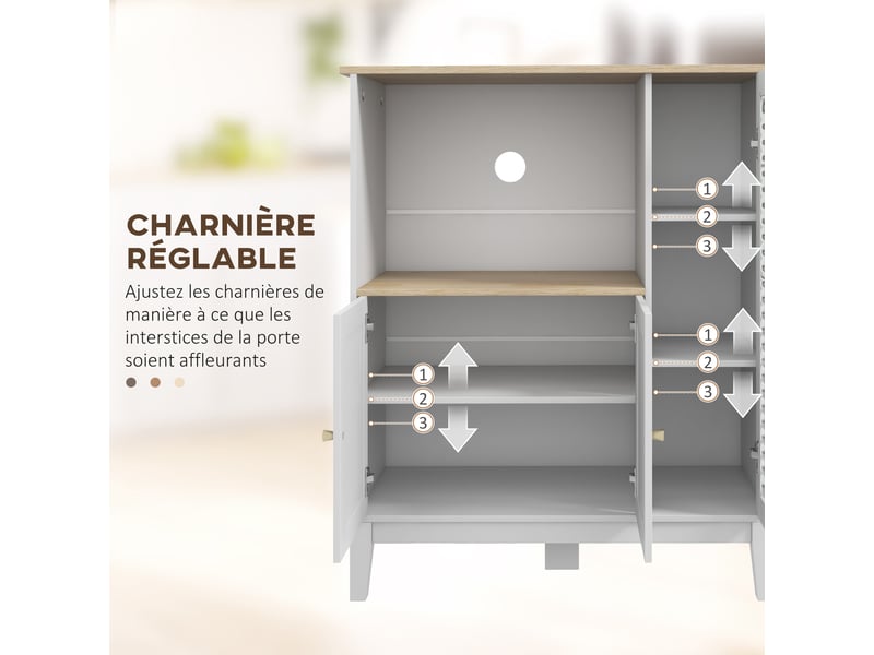 Meuble armoire micro-ondes pour cuisine avec 1 niche, 3 passe-câbles portes 80 x 35 x 97 cm blanc et aspect bois - Conforama E