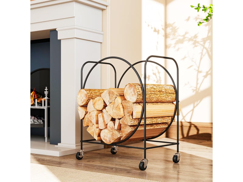  Porte-bûches métallique sur roulettes, double anneau, 20 kg, 51 x 30 x 60 cm, noir  - Conforama C