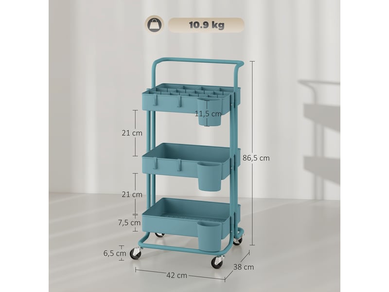 Chariot à 3 niveaux desserte avec 4 crochets et 3 boîtes suspendues amovibles pour 42 x 38 x 86,5 cm vertbleu- - Conforama C