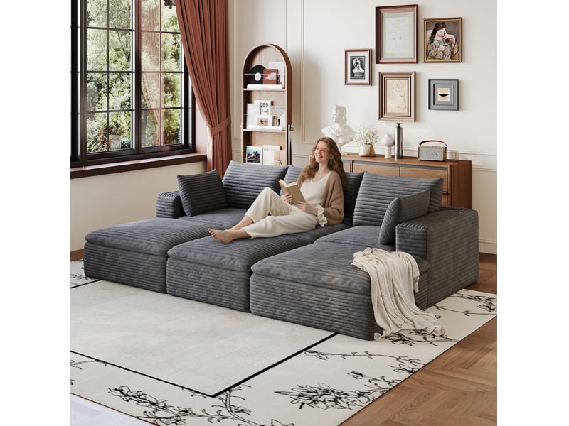 Canapé modulable 3 places avec 3 pouf en tissu velours côtelé gris foncé,coussins déhoussables, sans montage - Conforama D