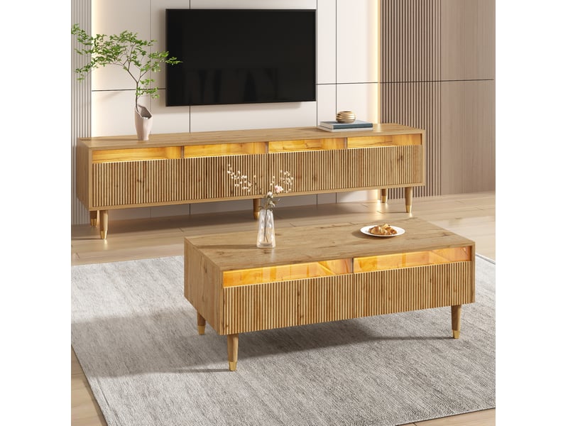  Meuble tv tcqpz 178 x 35 x 45 cm 4 portes led 7 couleurs app bois clair mdf avec table basse 2 tiroirs  - Conforama D