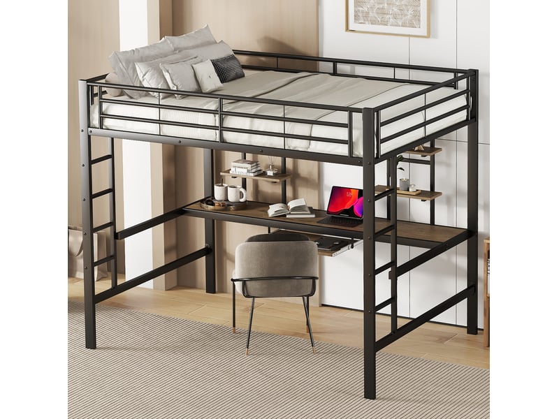  Lit mezzanine 140x200 cm avec bureau et 2 étagères, métal noir, enfants et adultes  - Conforama B