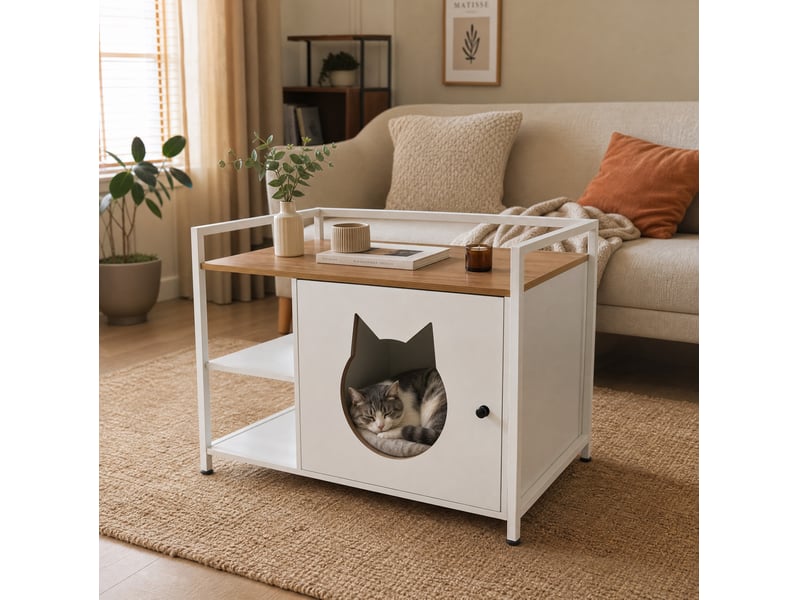 Table basse 76x54x59 cm avec rangement en mdf et métal couleur blanc et chêne clair, confort optimal  - Conforama E