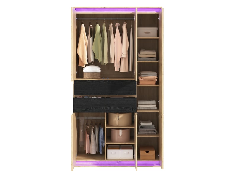  Armoire tcqpz avec miroir et led 110 x 47 x 200 cm 4 tiroirs 9 compartiments mdf aspect chêne anthracite  - Conforama A