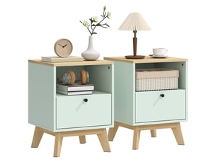 Lot de 2 tables de chevet, tables de nuit avec tiroir et compartiment ouvert, 40 x 40 x 55 cm, chêne et vert clair