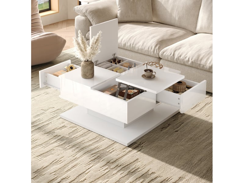 Table basse relevable 72x72x35 cm avec led et rangements blanc brillant - Conforama B