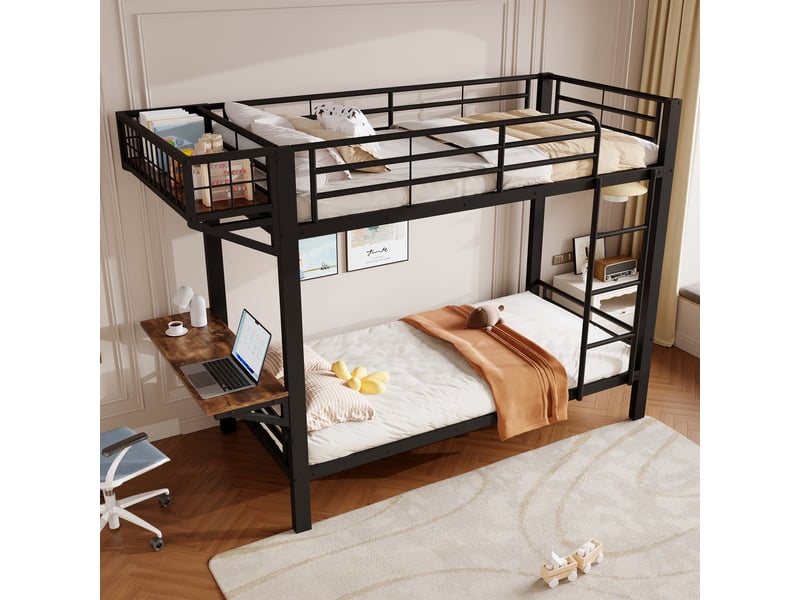 Lit superposé 90 x 200 cm, bureau, compartiment de rangement ouvert, garde-corps, échelle, structure en métal, noir Seren Glow - Conforama E