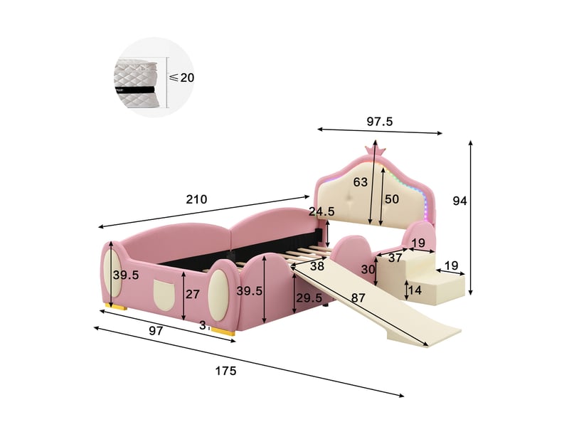  Lit enfant 90x200 cm avec toboggan, lit princesse avec escalier et ruban led multicolore, design de couronne de dessin animé, sommier à lattes, rose  - Conforama E