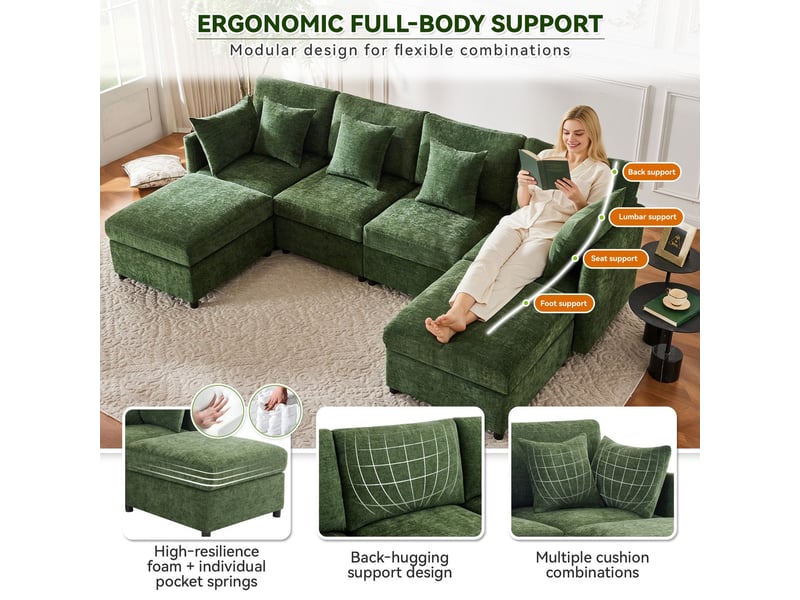 Canapé modulable, forme u et l canapé salon, 2 poufs, 6 coussins, tissu chenille  - Conforama E