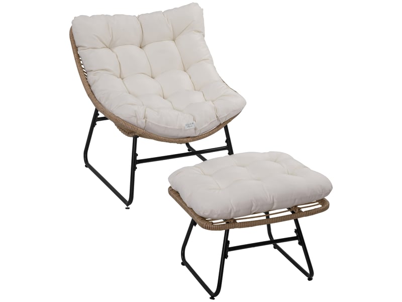  Fauteuil chaise de jardin avec repose-pieds en métal époxy et résine tressée aspect rotin avec coussins  - Conforama A