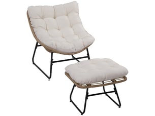 Fauteuil chaise de jardin avec repose-pieds en métal époxy et résine tressée aspect rotin avec coussins