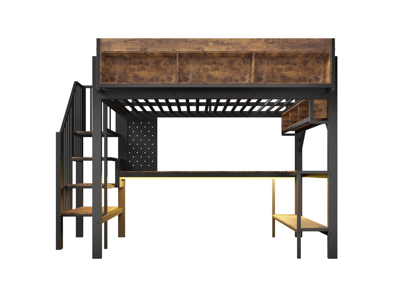  Lit mezzanine enfant 140x200 cm – marron vintage et noir – bureau d'angle, rangements, led et prises usb  - Conforama D