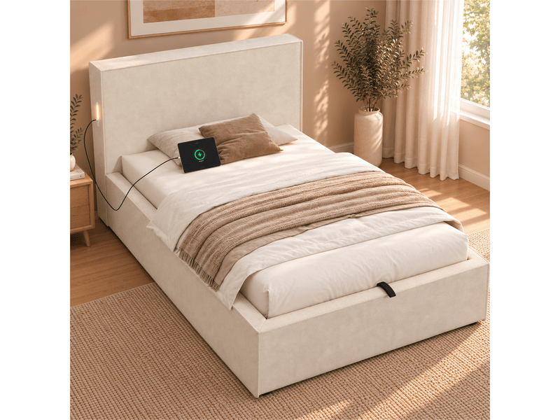  Lit coffre rembourré 90 x 200 cm, rangement hydraulique, sommier à lattes, tête de lit rembourrée, grand espace de rangement, chenille, beige Bliss Lite - Conforama E