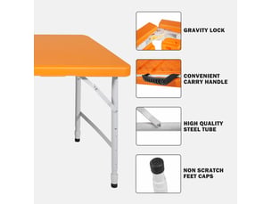 Table de jardin pliante 125 x 61 cm orange en plastique et fer, hauteur réglable de 58 à 74 cm avec poignée