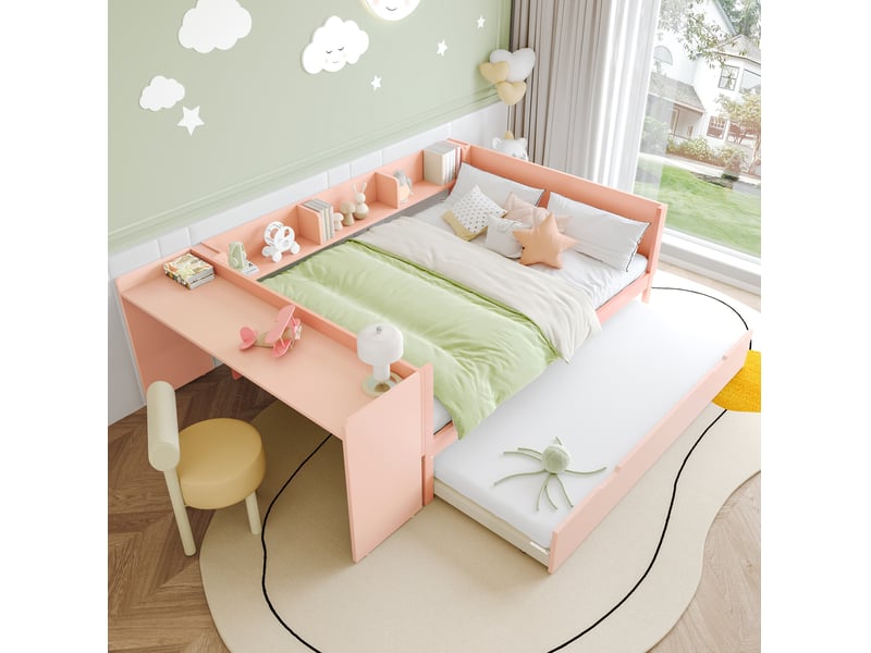 Lit gigogne fermé 140x200 cm, ouvert 140x200 + 90x190 cm, bureau, pin et panneaux, blanc et rose, sans matelas - Conforama B