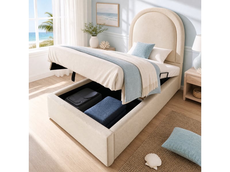  Lit coffre enfant 200×90 cm avec sommier à lattes relevable et rangement, sans matelas, revêtement en pu beige  - Conforama B