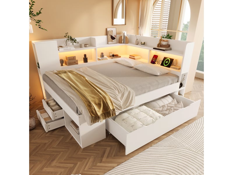 Canape lit 140x200 cm avec éclairage led et station de recharge usb et type-c, lit double (matelas inclus) avec étagères et tiroirs - Conforama W
