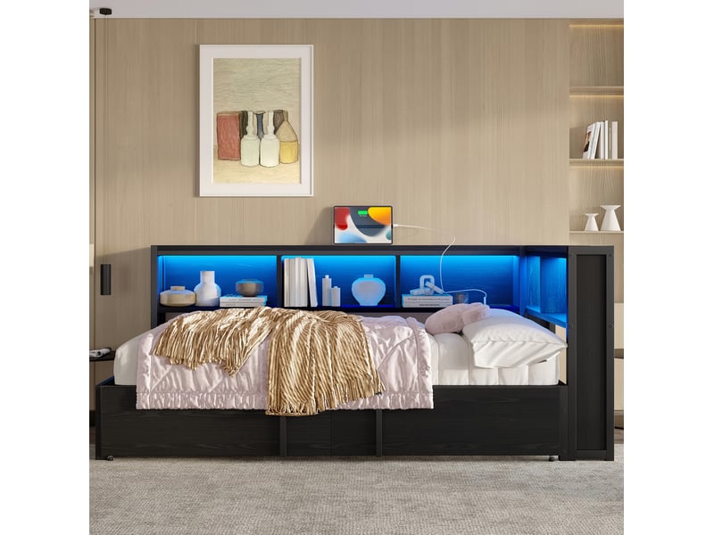 Lit banquette 90x200 cm avec lit gigogne , 5 placards et led, coloris noir - Conforama E