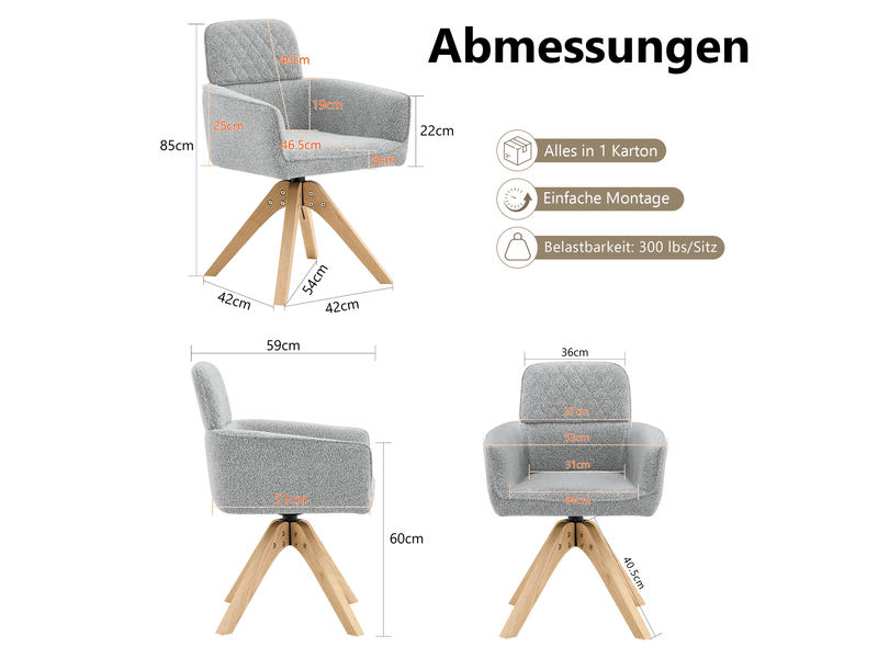  Lot de 2 chaises de salle à manger pivotantes 53x51x85 cm gris clair  - Conforama C