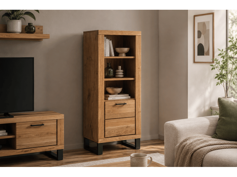  Bibliothèque 3 niches ouvertes et 1 porte de rangement coloris chêne massif huilé  - longueur 63 × hauteur 140 × profondeur 40 cm  - Conforama B