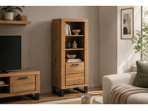 Bibliothèque 3 niches ouvertes et 1 porte de rangement coloris chêne massif huilé  - longueur 63 × hauteur 140 × profondeur 40 cm