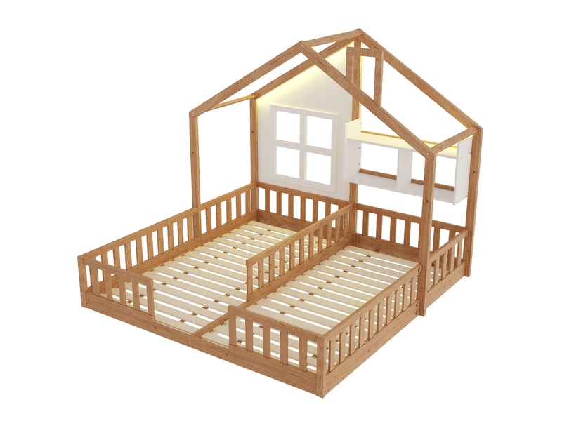  Lit double enfant maison 90x200 cm, barrières de sécurité, rangement, éclairage led, naturel, bois et en mdf, sans matelas  - Conforama E