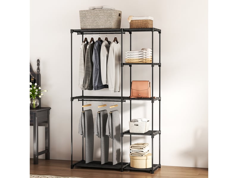  Armoire de rangement, penderie portable avec 2 barres de suspension et 6 étagères, 111 x 43 x 185 cm, noir  - Conforama C