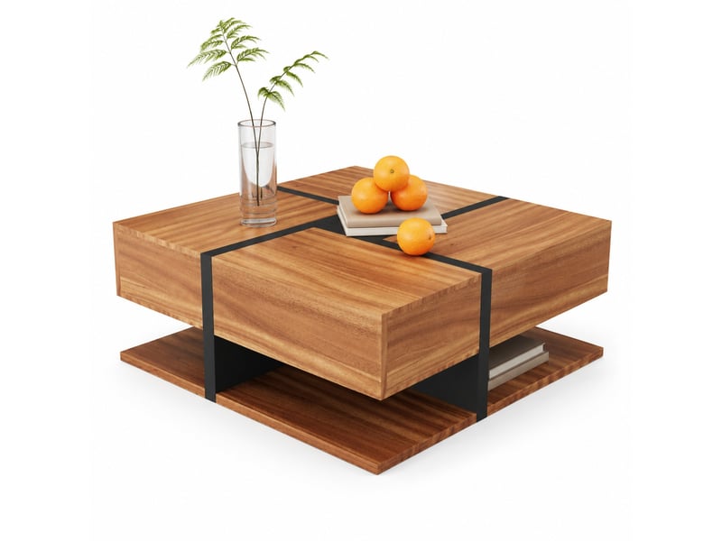  Table basse carrée avec 4 tiroirs et étagère basse, motif à lignes, pour salon, panneaux de particules, bois naturel, 78 x 78 x 36 cm  - Conforama A