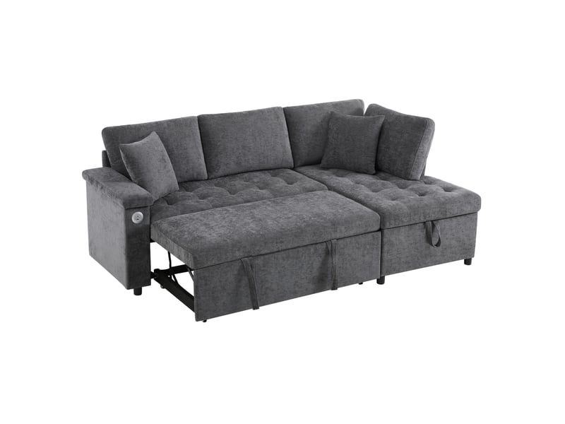 Canapé d'angle droit convertible 209x130 cm – gris foncé – rangement, usb, porte-gobelet et 2 coussins - Conforama D