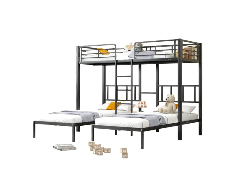  Lit superposé 90x200 cm - lit enfant triple avec barrière de protection - métal - sans matelas - noir  - Conforama A