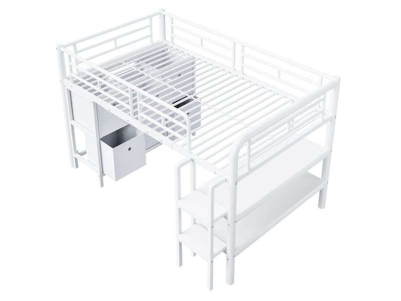  Lit mezzanine enfant 90x200 cm tiroirs et étagères - lit mezzanine - métal blanc avec marches larges et coins arrondis  - Conforama E