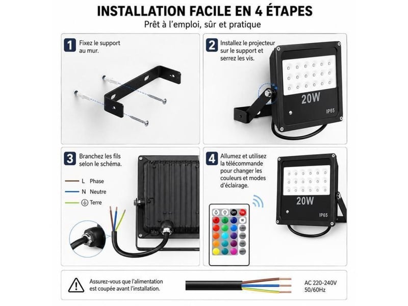 Projecteur led exterieur 20w rgb ip65 aluminium fin avec telecommande, 16 couleurs et 4 modes 238073_AABQO40966_6_DROPFR - Conforama D