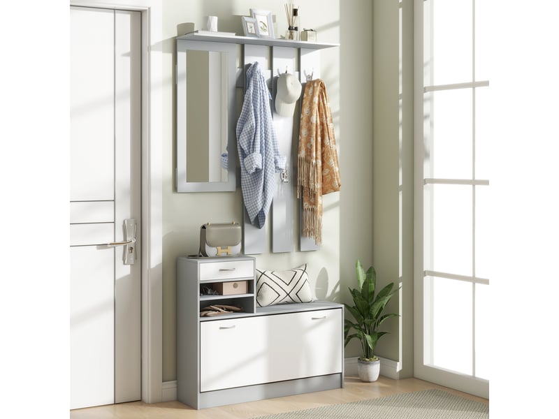  Porte-manteau 3 en 1 avec étagère à chaussures et miroir, crochets et tiroirs, en bois, 90 x 10 x 91 cm, blanc et gris  - Conforama C