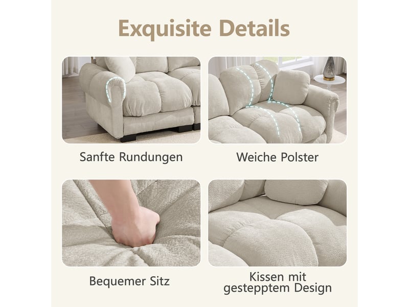  Canapé panoramique en u 4 places modulable avec 2 poufs mobiles - lpospi - chenille matelassée kaki clair  - Conforama E