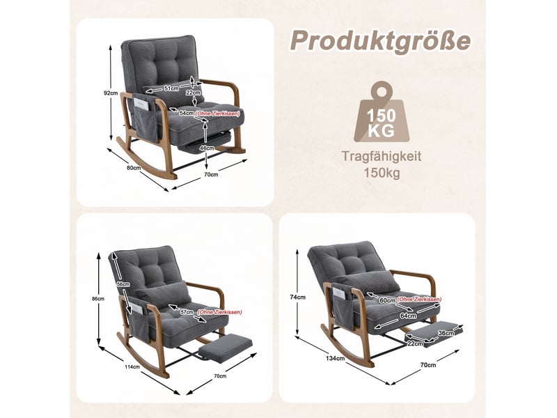 Fauteuil à bascule 70 x 80 x 92 cm gris en velours côtelé, repose-pied intégré et dossier réglable - Conforama C
