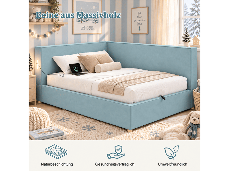  Lit coffre 90x200 cm avec sommier relevable et velours bleu  - Conforama E