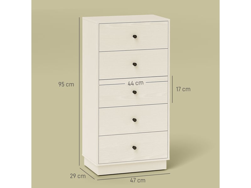  Commode 5 tiroirs, meuble de rangement haut et étroit, style moderne pour chambre à coucher, crème, salon - 47x29x95cm  - Conforama C