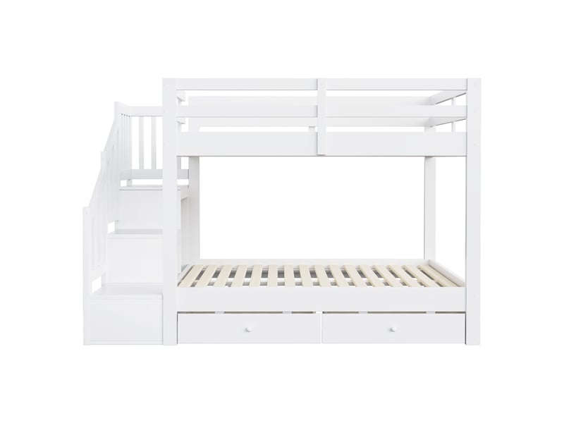  Lit superposé en bois 140 x 200 cm, avec échelle de rangement, portant simple, grille de sécurité et tiroir de rangement, blanc  - Conforama A