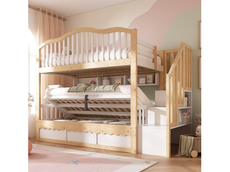 Lit superposé 90 × 200 cm 2 places avec coffre hydraulique, étagères et escalier, sans matelas, blanc chêne - Conforama C