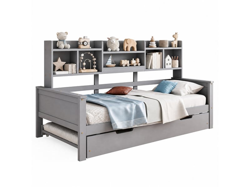  Lit gigogne enfant 90x200 cm+90x190 cm, compartiment de rangement et sommiers, bois gris, sans matelas  - Conforama A