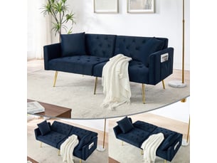 Canapé 2 places, canapé de salon, en velours, bleu, dossier réglable 3 positions, 2 coussins inclus, design moderne, pieds en métal