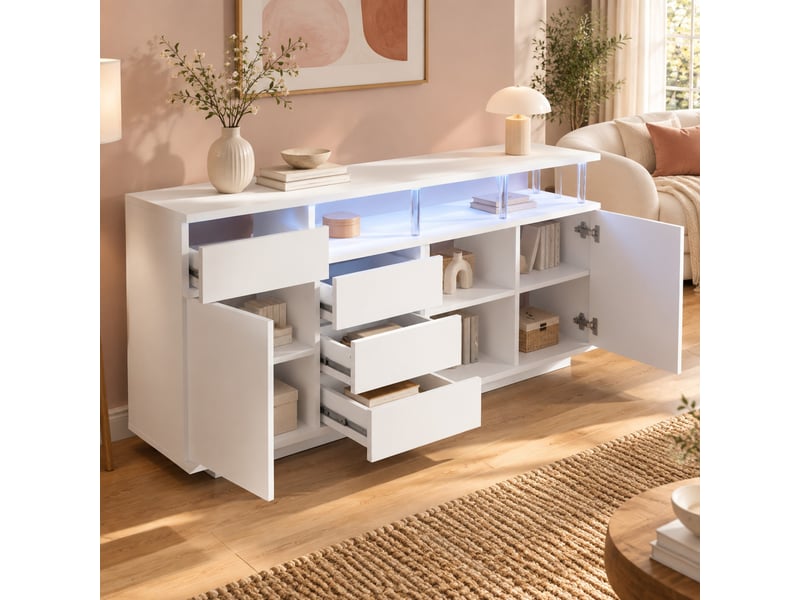  Buffet bas 160 x 40 x 75 cm avec éclairage led, 4 tiroirs, 2 portes, étagères réglables, supports en acrylique, blanc  - Conforama B
