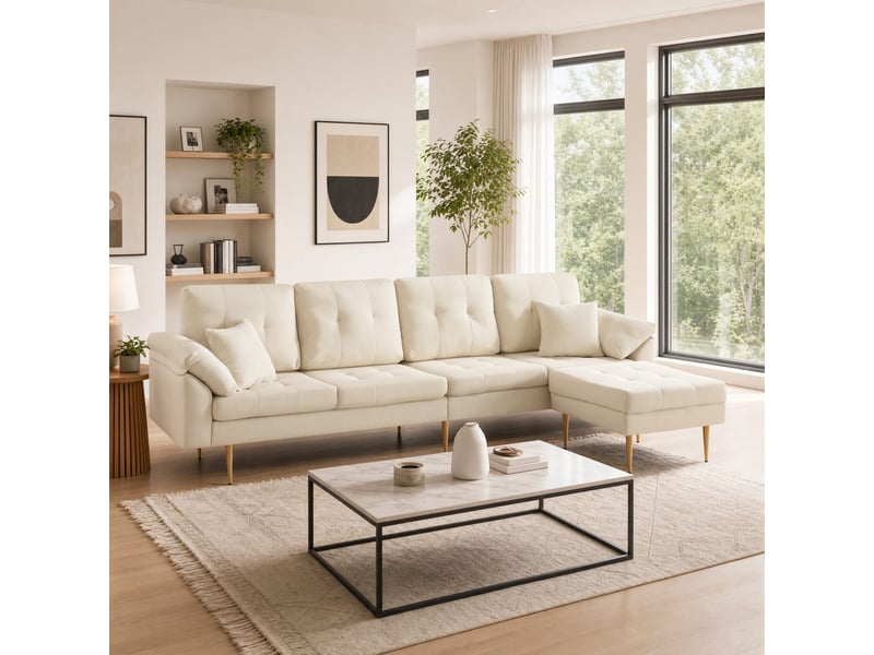  Canapé d'angle en l ,4 places, en velours côtelé avec pouf modulable,250 x 70 x 80cm,beige  - Conforama D