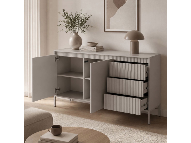  Buffet hatomo, commode 3 tiroirs, 154x40x81h cm beige Hatomo - Conforama B